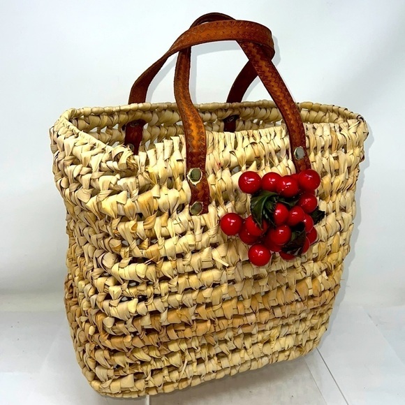 Straw Banana Leaf Woven Market Basket Bag Double Leather Handles - Picture 1 of 7